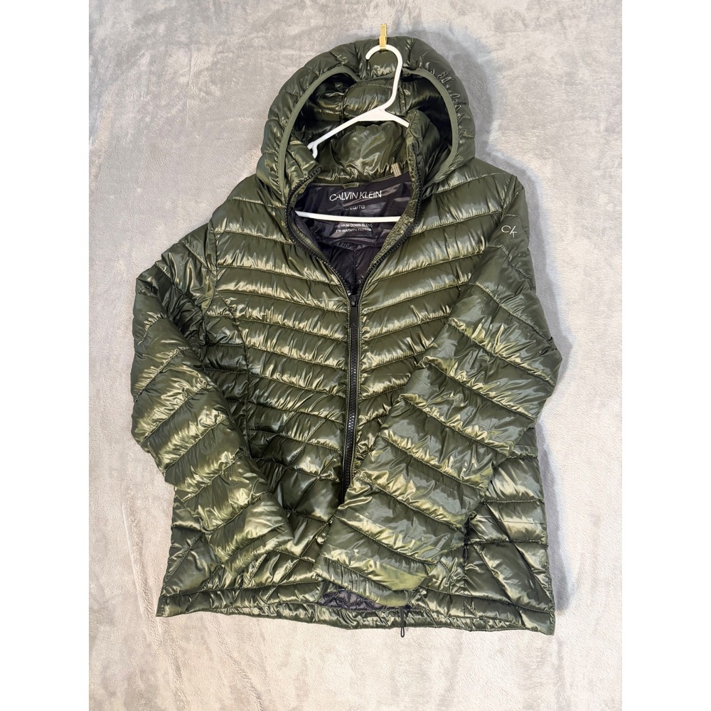 Calvin Klein Puffer Jacket Womens XL Olive Green Packable Down Blend Hooded